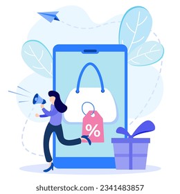 Shop discount flat vector illustration of happy woman with discount. Discount system concept, loyalty program for customers, seasonal sales, shop coupons or vouchers.