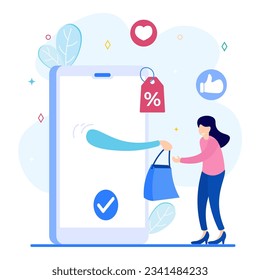 Shop discount flat vector illustration of happy woman with discount. Discount system concept, loyalty program for customers, seasonal sales, shop coupons or vouchers.