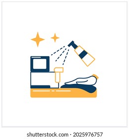 Shop Disinfection Flat Icon. Counter Surface Cleaned With Antibacterial Alcohol Based Spray Line Pictogram. Public Places Covid Disinfection And Retail Reopening.Vector Illustration