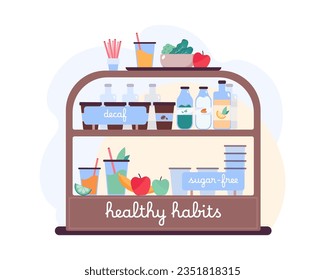 Shop display rack with healthy food vector illustration. Drawing of decaf coffee cups, sugar-free drinks, organic food and products, healthy eating habits. Healthy lifestyle, diet, nutrition concept