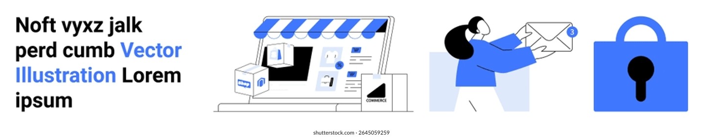 Loja exibida com produtos e toldos, mulher recebendo pacotes, trava de segurança azul. Ideal para comércio eletrônico, serviços de entrega, compras on-line, serviços de e-mail, segurança cibernética e segurança digital