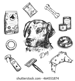 Shop for dogs. Set of vector hand sketched elements. Icons, isolated vector objects. 