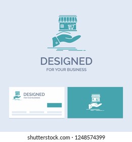 shop, donate, shopping, online, hand Business Logo Glyph Icon Symbol for your business. Turquoise Business Cards with Brand logo template.