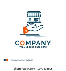 shop, donate, shopping, online, hand Logo Design. Blue and Orange Brand Name Design. Place for Tagline. Business Logo template.