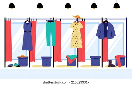 Compra el vestidor. En la tienda de ropa y calzado hay vestidores vacíos con espejos y cortinas. Ilustración vectorial del taller con ropa