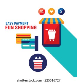 Shop easy. E - commerce, online shopping and bank card payment concept. Vector illustration