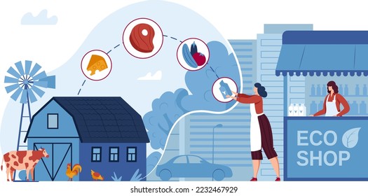 Shop with eco food, woman farmer character at farm harvest market concept, vector illustration. Fresh fruit at flat store, natural organic product.