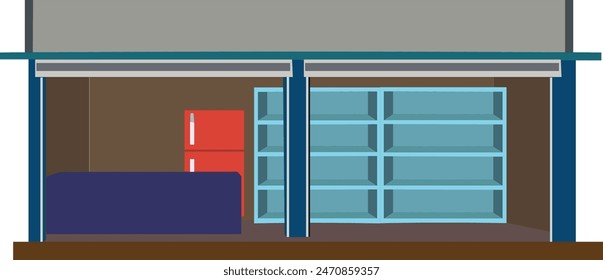 shop empty room isolated with white background illustration vector. Indian village hut shop for cartoon animation. Asian rural countryside shop 2d cartoon
