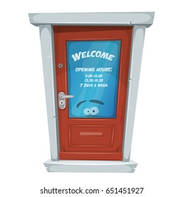 Shop Entrance Door With Opening Hours/
Illustration of a cartoon entry door closed, with welcome message and opening hours on window