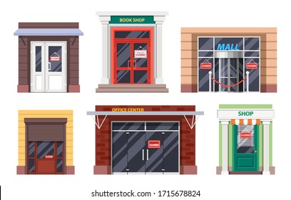 Shop Entrance Doors With Closed Signage, Coronavirus Temporary Quarantine Vector Sings. Office Center, Book Shop, Store And Trade Mall Store Facades With Closed Red Signage, Flat Design Elements