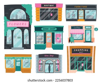 Shop entrance doors with showcases flat icons set. Wine and coffee shop, clothing boutique, furniture store and shopping mall. Colorful signboards. Color isolated illustrations
