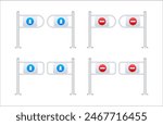 Shop entrance gate icon. Security turnstile gates with directional and no entry signs for controlled access.
