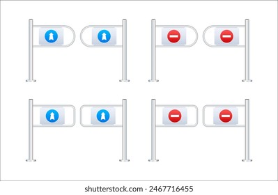 Shop entrance gate icon. Security turnstile gates with directional and no entry signs for controlled access.