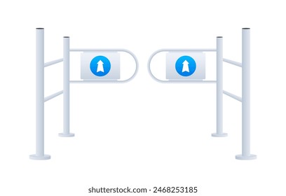 Shop entrance gate icon. Security turnstile gates with directional and no entry signs for controlled access.