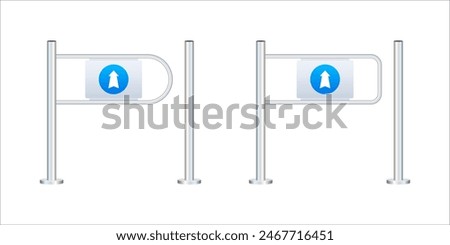 Shop entrance gate icon. Security turnstile gates with directional and no entry signs for controlled access.