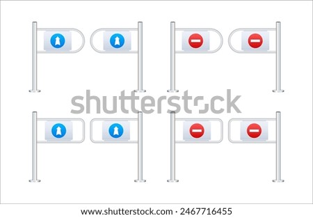 Shop entrance gate icon. Security turnstile gates with directional and no entry signs for controlled access.