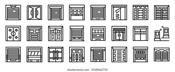Shop entrance gate icons set. This set of icons presents a diverse range of garage doors, showcasing various styles and designs for residential and commercial buildings