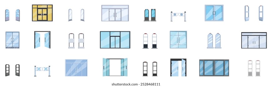 Shop entrance gate icons set. Collection of various modern doors and security systems for shop and store entrances ensuring safety and protection