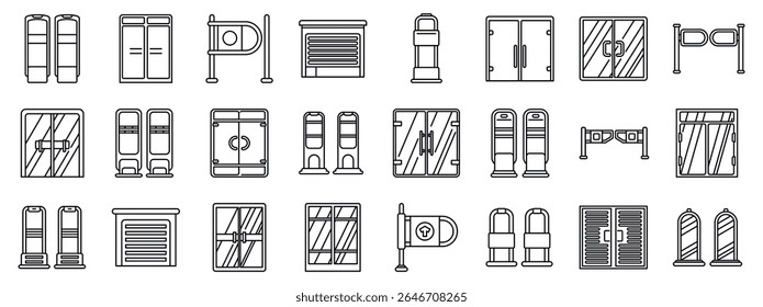 Shop entrance gate icons set. Line art icons representing various building entrances and security measures, including doors, turnstiles, retractable belt barriers, and gates