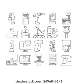 Shop Equipment Device Collection Icons Set Vector. Shop Portable Cash Register And Libra, Seller Badge And Numerator, Barcode Scanner And Price Checker Black Contour Illustrations