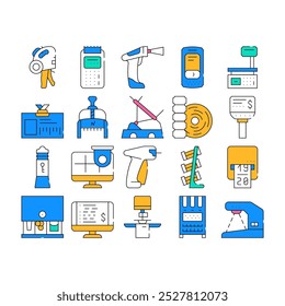 Shop Equipment Device Collection Icons Set Vector. Shop Portable Cash Register And Libra, Seller Badge And Numerator, Barcode Scanner And Price Checker color Contour Illustrations