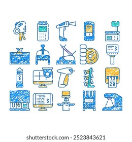 loja equipamento dispositivo doodle ícones definir vetor. esboço linha arte loja caixa registradora portátil e libra, distintivo do vendedor e numerador, scanner de código de barras e verificador de preços ilustrações de cores