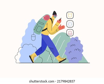 Shop everywhere - electronic commerce series - modern flat vector concept illustration of a man hiking with a travel backpack and shopping online. Promotion, discounts, sale and online orders concept