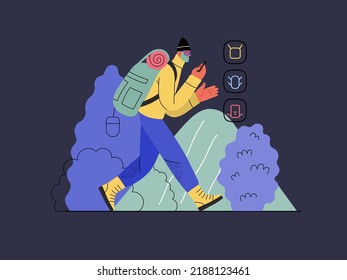 Shop everywhere - electronic commerce series - modern flat vector concept illustration of a man hiking with a travel backpack and shopping online. Promotion, discounts, sale and online orders concept