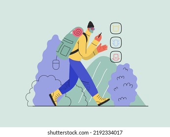 Shop everywhere - electronic commerce series - modern flat vector concept illustration of a man hiking with a travel backpack and shopping online. Promotion, discounts, sale and online orders