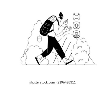 Shop everywhere - electronic commerce series - modern flat vector concept illustration of a man hiking with a travel backpack and shopping online. Promotion, discounts, sale and online orders