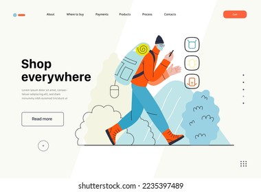 Shop überall - Electronic Commerce Serie - moderne flache Vektorgrafik eines Mannes wandern mit einem Reise-Rucksack und Online-Shopping. Konzept der Verkaufsförderung, Rabatte, des Verkaufs und der Online-Bestellungen