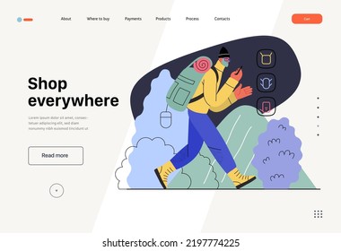 Tienda por todas partes -plantilla web de comercio electrónico- moderna ilustración de concepto de vector plano del hombre excursionismo con mochila de viaje y compras en línea. Concepto de promoción, descuentos, ventas y pedidos online