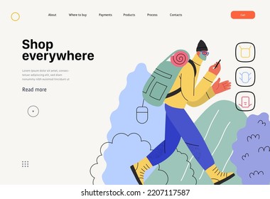 Shop everywhere -electronic commerce web template -modern flat vector concept illustration of man hiking with travel backpack and shopping online. Promotion, discounts, sale and online orders concept
