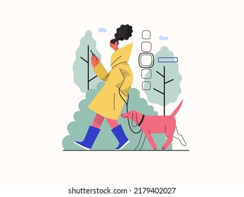 Shop everywhere -Online shopping and electronic commerce series -modern flat vector concept illustration of a woman walking with dog and shopping. Promotion, discounts, sale and online orders concept