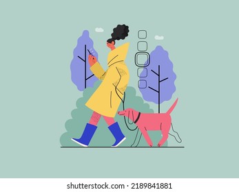 Shop everywhere -Online shopping and electronic commerce series -modern flat vector concept illustration of a woman walking with dog and shopping. Promotion, discounts, sale and online orders concept