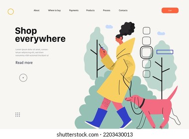 Shop everywhere -Online shopping and electronic commerce web template -modern flat vector concept illustration of woman walking with dog and shopping. Promotion, discounts, sale, online orders concept