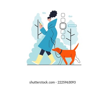 Shop everywhere -Online shopping and electronic commerce series -modern flat vector concept illustration of a woman walking with dog and shopping. Promotion, discounts, sale and online orders concept