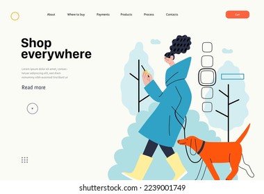 Shop everywhere -Online shopping and electronic commerce series -modern flat vector concept illustration of a woman walking with dog and shopping. Promotion, discounts, sale and online orders concept