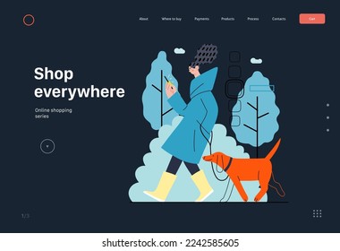 Shop everywhere -Online shopping and electronic commerce series -modern flat vector concept illustration of a woman walking with dog and shopping. Promotion, discounts, sale and online orders concept