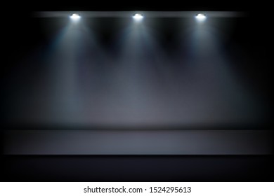 Ver exposición. Lugar vacío para la exposición iluminado por los focos. El fondo negro.  Ilustración vectorial.