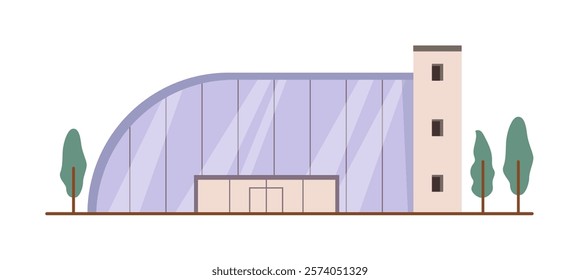 Shop exterior, isolated facade of shopping mall or center. Vector modern building with panoramic windows and entrance. Neat territory and landscape with trees and greenery. City infrastructure