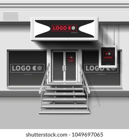 Shop exterior vector template. 3d storefront with entrance door. Illustration of storefront store and shop facade exterior