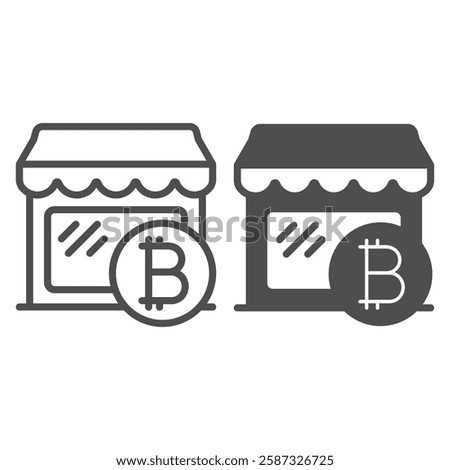 Shop facade with bitcoin line and solid icon, shopping finance concept. Vector graphics. Store front with money coin sign on white background, outline style icon for mobile or web design