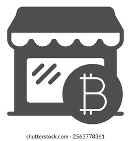 Shop facade with bitcoin solid icon, shopping finance concept. Vector graphics. Store front with money coin sign on white background, glyph style icon for mobile or web design