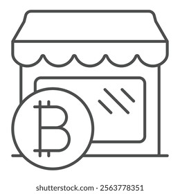 Shop facade with bitcoin thin line icon, shopping finance concept. Vector graphics. Store front with money coin sign on white background, outline style icon for mobile or web design