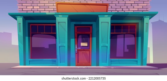 Shop facade, cafe, traditional store front, city architecture building with signboard on closed door and large windows. Small retail boutique, bakery or grocery exterior, Cartoon vector illustration