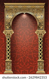 Shop facade, casino. Showcase. The luxurious entrance of the palace with golden arches.