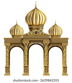 Shop facade, casino. Showcase. The luxurious entrance of the palace with golden arches.