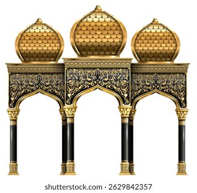 Shop facade, casino. Showcase. The luxurious entrance of the palace with golden arches.