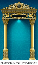 Shop facade, casino. Showcase. The luxurious entrance of the palace with golden arches.